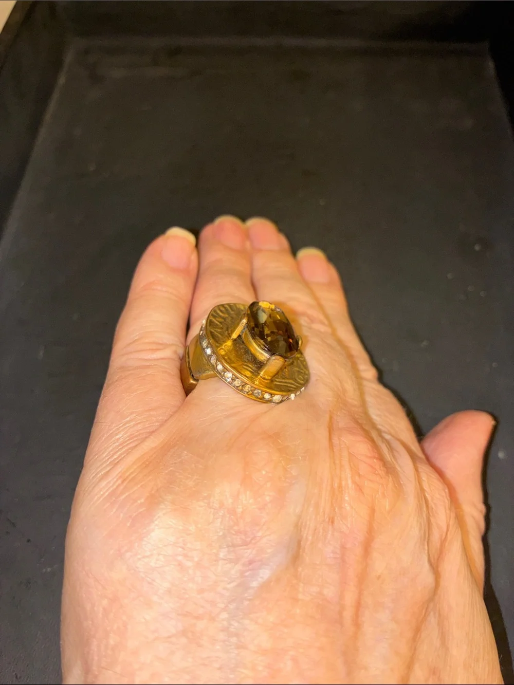 Gold-Tone Stretch Ring with Amber Brown Stone